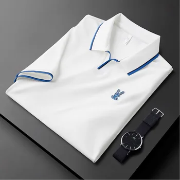 Легкая роскошная высококачественная футболка с логотипом bunny с коротким рукавом, мужской лацкан 2023, летний модный принт, повседневный спортивный дышащий топ для мужчин