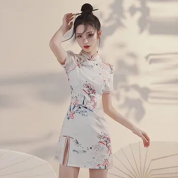 Летнее короткое Азиатское платье Cheongsam для маленькой девочки 2023 года с цветочным веером, Тонкий Винтажный плюс Улучшенная пуговица ручной работы, Qipao 2XL Белого цвета