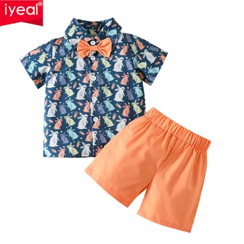 Летний комплект одежды для маленьких мальчиков IYEAL, 2 шт., Пасхальный костюм для джентльмена с галстуком-бабочкой для мальчиков, рубашка с короткими рукавами, шорты, костюм