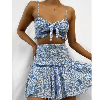 Летний модный жилет с бантом в стиле хиппи + юбка с высокой талией, синий сексуальный укороченный топ с открытой спиной в цветочек, мини-богемная пляжная одежда