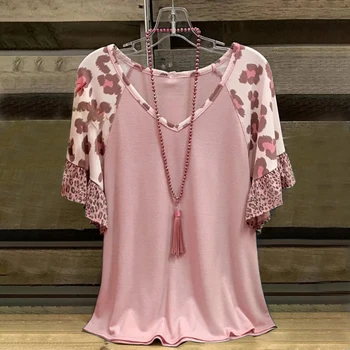 Летняя женская футболка, однотонная блузка с рюшами, блузка с рюшами, леопардовая блузка с коротким рукавом и V-образным вырезом, топ, уличная одежда для работы, футболка