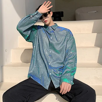 Летняя мода 2022, Шелковистая блестящая рубашка с длинным рукавом, мужские повседневные рубашки Harajuku с глянцевым поляризованным светом, винтажная блузка зеленого свечения