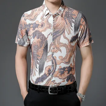 Летняя мужская эластичная рубашка с короткими рукавами, кардиган с принтом на лацканах, рубашка Ice Silk, неглаженная повседневная спортивная рубашка с короткими рукавами