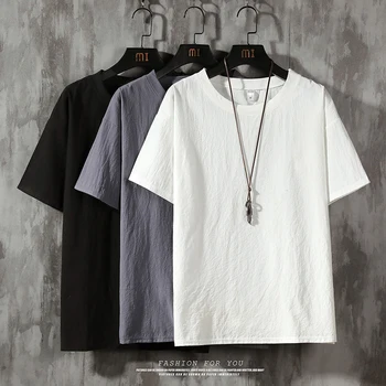 Летняя Новая Корейская модная Мужская футболка с короткими рукавами, хлопковые льняные повседневные топы, тройники, мужские дышащие M-5XL