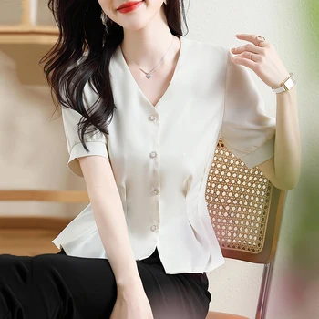 Лето 2023, Новая модная шелковая атласная рубашка с V-образным вырезом, тонкая офисная женская блузка с коротким рукавом, однобортные женские топы