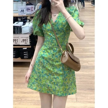 Милое Женское Зеленое платье с цветочным принтом с V-образным вырезом, Женское Милое Модное Корейское Летнее платье с оборками на подоле, Винтажные платья Vestido