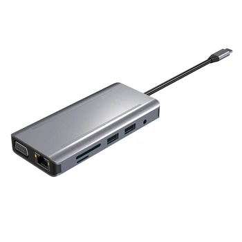 Многопортовый адаптер HFES 11 В 1 USB C с разъемом RJ45, совместимым с 4K HDMI, VGA 4 USB2.0 PD3.0 Аудио 3,5 Мм SD/ TF концентратором Со светодиодной подсветкой