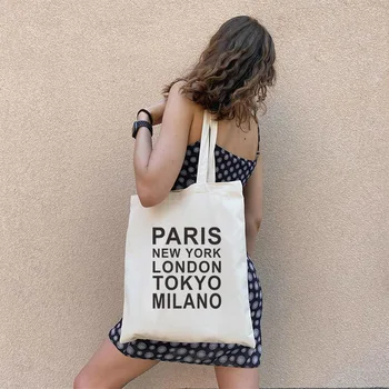 Модная женская сумка через плечо для покупок ПАРИЖ, НЬЮ-ЙОРК, Холщовая сумка с буквенным принтом, белая Черная женская сумка для покупок
