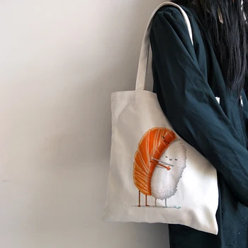Модная Милая сумка для покупок с рисунком суши и Харадзюку Каваи, холщовые сумки-тоут, школьная сумка для девочек в корейском стиле, большая емкость