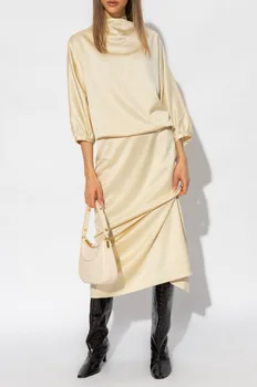 Модное простое женское свободное длинное платье с круглым вырезом и рукавом-фонариком, с разрезом сзади, новинка весны 2023 года