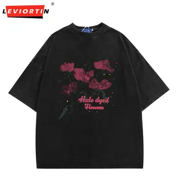 Мужская выстиранная черная футболка, уличная одежда, футболка с цветочным рисунком, лето 2023, футболка с цветочным рисунком в стиле хип-хоп Харадзюку, хлопковые топы, тройники