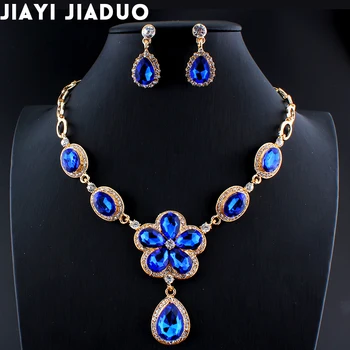набор свадебных украшений jiayijiaduo для женщин, красное синее ожерелье, серьги, цепочка золотого цвета, аксессуары для вечеринок, подарок