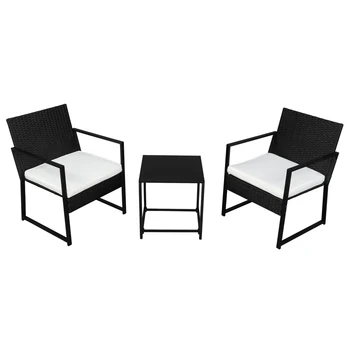 Набор уличной мебели из 3 предметов: 1 Журнальный столик из закаленного стекла, 2 плоских стула из ротанга, полиэстеровая ткань, губка, открытый Плоский стул, Черный