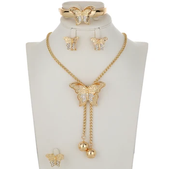 Наборы ювелирных изделий из 18-каратного золота для женщин, длинное ожерелье с бабочкой, браслет, Кольцо, серьги, подарок для нигерийской свадьбы