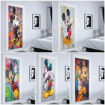 Наклейки на дверь Disney водонепроницаемые плакаты, Граффити, украшение двери Микки Маусом, современный дизайн, HD Наклейка на стену в детской комнате
