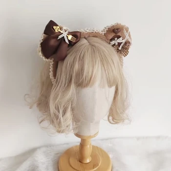 Нежная повязка на голову с медвежьими ушками, Плиссированный кружевной обруч для волос в форме банта, Весенне-летний головной убор, косплей-вечеринка для женщин-подростков