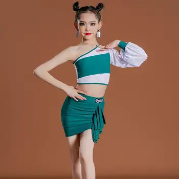Новая одежда для латиноамериканских танцев для девочек, зелено-белая Летняя детская одежда для тренировок, костюм для профессиональных соревнований, юбка для танцев.