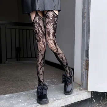 Новые носки на подтяжках в тонком стиле с японским ретро рисунком, сексуальные шелковые чулки, чулки, длинные черные женские чулки с защитой от зачистки