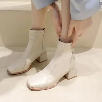 Новые осенние женские ботинки на среднем квадратном каблуке из искусственной кожи, повседневная женская обувь с застежкой-молнией сзади, модные женские ботинки для отдыха
