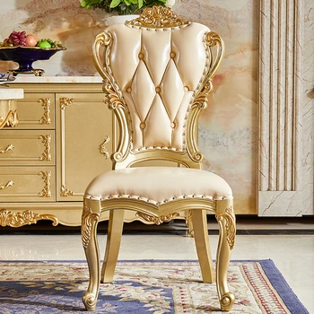 Обеденные стулья из массива дерева в европейском стиле с двусторонними резными кожаными сиденьями, американские обеденные стулья высокого класса