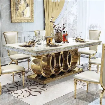 Обеденный стол из каменной плиты, простой прямоугольный, светлый, роскошный обеденный стол и стулья из нержавеющей стали, элитная мебель для виллы