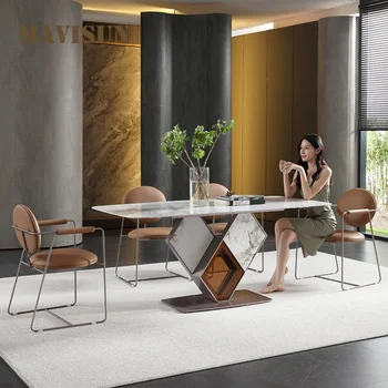 Обеденный стол из светлого шифера, сочетание прямоугольного стола и стула, минималистичная мебель из коричневого стекла для гостиничного ресторана