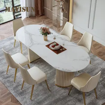 Обеденный стол с 6 стульями для кухни Глянцевая каменная доска Простой золотой Роскошный стол и стулья Итальянская мебель в стиле постмодерн