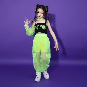 Одежда для детского фестиваля в стиле хип-хоп, подростковая демонстрационная одежда, зеленые сетчатые топы, уличная одежда, штаны для бега трусцой для девочек, комплект одежды для танцевальных костюмов