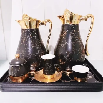 Оригинальный дизайн, черный золотой мрамор, роскошный кофейник, чашка-блюдце, индивидуальная подарочная коробка, фарфоровый арабский чайный сервиз со стеклянным подносом
