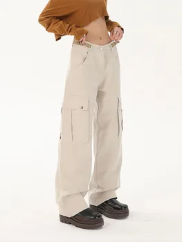 Осенне-зимняя уличная одежда 2022, Абрикосово-желтые брюки-карго, женские широкие брюки в стиле хип-хоп с карманами оверсайз, женский американский стиль