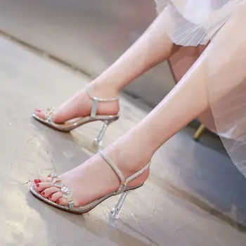 Пикантные вечерние женские босоножки Лето 2022 Стразы Роскошная женская обувь на высоком каблуке Бесплатная доставка Женская обувь на танкетке 34-39
