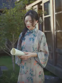 Платье Ципао в китайском стиле, Улучшенный Hanfu Cheongsam, одежда во французском стиле, женское ретро-восточное традиционное изящное платье с цветочным узором