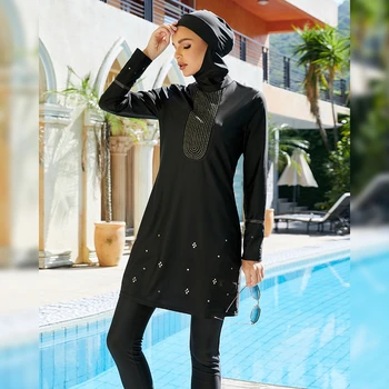 Полное покрытие, черные мусульманские женские купальники, исламские скромные буркини с длинным рукавом, топы, брюки, кепки, костюмы, 3 предмета, Ближний Восток