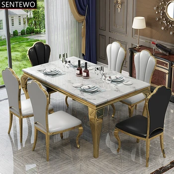 Популярные роскошные кухонные обеденные столы из мрамора и набор обеденных стульев с золотым основанием из нержавеющей стали mesas com 4 cadeiraa