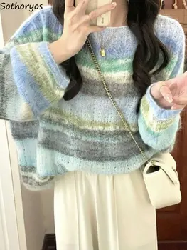 Пуловеры Женские в полоску, повседневные, кавайные, девичьи, студенческие, Модный Свободный трикотаж, Осенний повседневный шикарный красочный свитер в корейском стиле