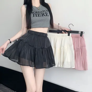 Пышная Кружевная плиссированная мини-юбка с оборками, женская летняя юбка трапециевидной формы с высокой талией, шорты Kawaii, повседневная Корейская мода