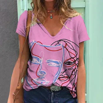 Ретро женская летняя футболка с V-образным вырезом и короткими рукавами в стиле харадзюку, модный джемпер с граффити в форме лица, женский топ, одежда Y2K