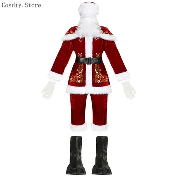 Рождественский костюм Санта-Клауса, соответствующий наряд Мистер Миссис Сексуальное платье для взрослых На Хэллоуин Для мужчин и женщин Куртка + Брюки + Ботинки + Борода + Шляпа