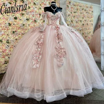 Розовые пышные платья принцессы, бальное платье принцессы с 3D цветами, платье для дня рождения, Тюлевые кружевные платья Sweet 16, vestidos de 15