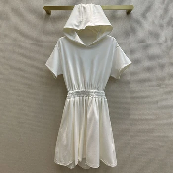Роскошное дизайнерское хлопковое однотонное платье с коротким рукавом для женщин, Капюшон с резинкой на талии, Женская юбка для летнего отдыха для девочек