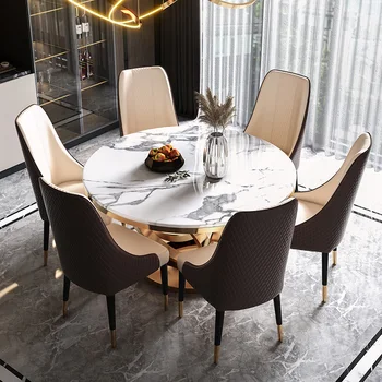 Роскошный мраморный обеденный стол и стул в постмодернистском стиле, простой круглый обеденный стол из нержавеющей стали с поворотным столом