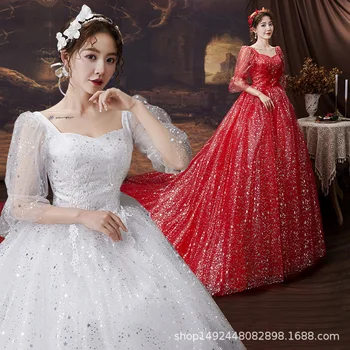 Свадебное платье Сучжоу Хуцю с открытыми плечами 2023, новый стиль, Свадебное платье невесты, Красное, с шлейфом, Маленькое, с толстой рукой