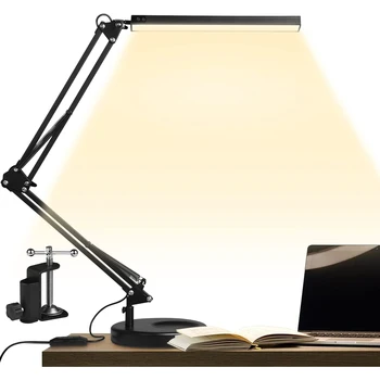Светодиодная настольная лампа с зажимом и круглым основанием, настольная лампа для ухода за глазами с поворотным кронштейном, 3 цветовых режима, 10 уровней яркости, функция памяти