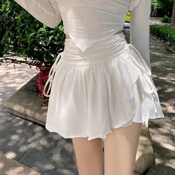 Сексуальная милая белая мини-юбка женская со складками на шнурке, с высокой талией, с нерегулярными оборками, в стиле пэчворк, сказочные короткие юбки Mori Girl
