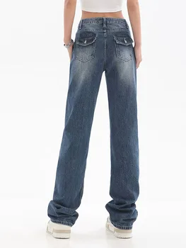 Синие женские прямые джинсы с высокой талией, уличная одежда в американском стиле, винтажные брюки, шикарный дизайн, повседневные женские джинсовые широкие брюки