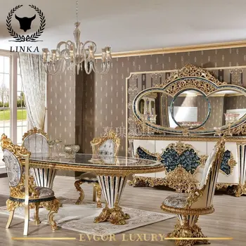 Сочетание обеденного стола и стула Французской виллы Palace на заказ, Европейская роскошная резная мебель из цельного дерева высокого класса
