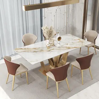 Столовая роскошной виллы в форме лебедя, прямоугольный островной стол 1,8 м и набор из 6 стульев, золотистая мебель из мрамора креативного дизайна