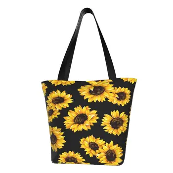 Сумки для покупок с принтом Подсолнуха Kawaii из переработанного холста, сумка для покупок через плечо, сумочка с цветочным рисунком Sun Flowers