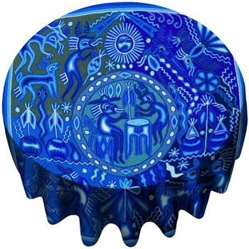 Уникальная круглая скатерть в мексиканском стиле ар-деко на синем фоне от Ho Me Lili для декора столешницы