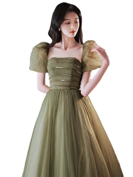 Французское зеленое вокальное музыкальное искусство Длинное платье для банкета Вечернее платье